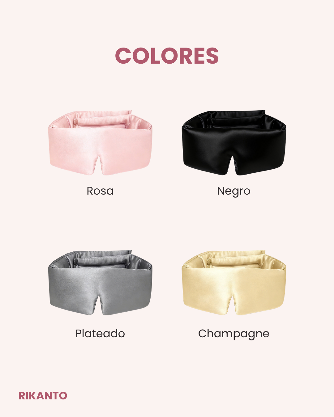 Antifaz de satén Beauty Sleep en sus cuatro colores: rosa, negro, plateado y champagne