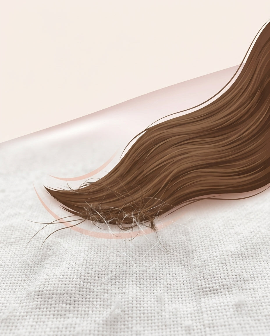 Ilustración de un mechón de pelo con fibras enganchadas sobre un tejido de algodón blanco
