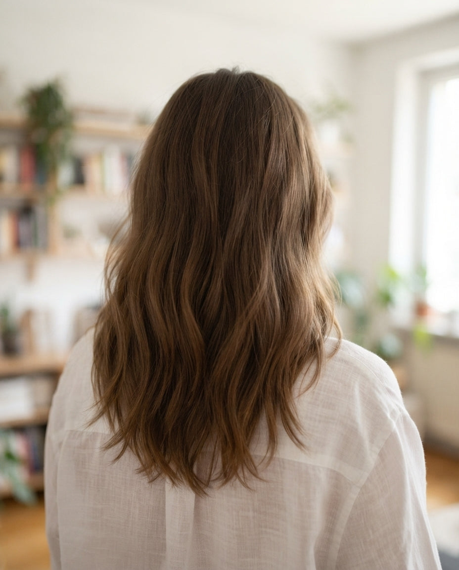 Mujer de espaldas con el pelo largo castaño suelto