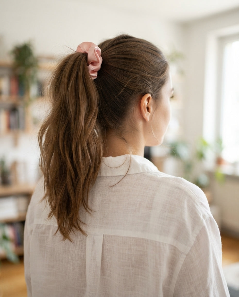 Mujer de espaldas con el pelo recogido en una coleta alta con un scrunchie de satén rosa